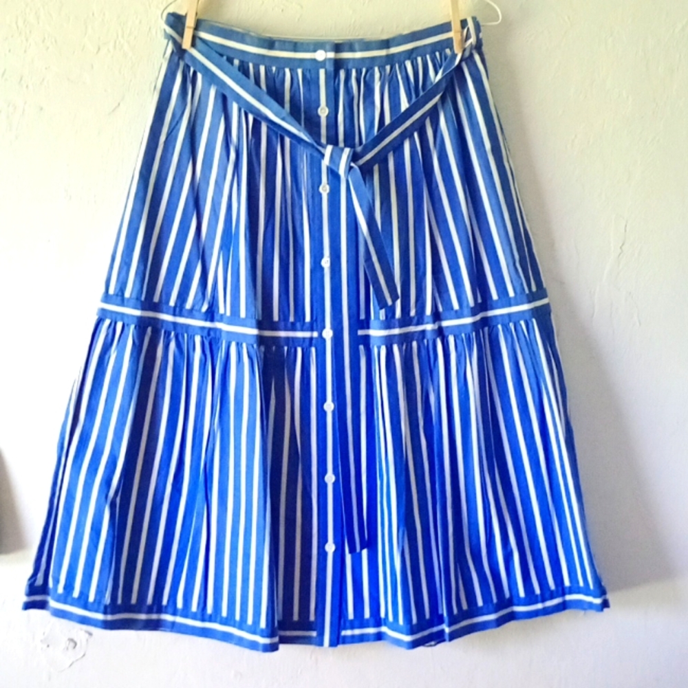 NEW J. Crew Blue and White Striped Midi Skirt 6 Tall